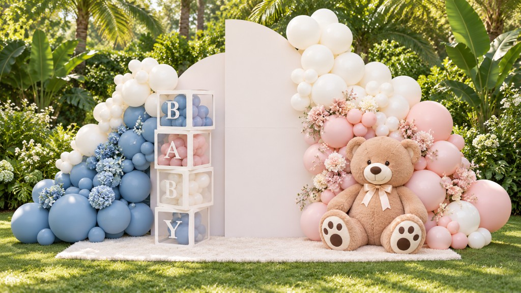 BB Best two-panel balloon backdrop with blue and pink garlands, BABY boxes and a teddy bear.