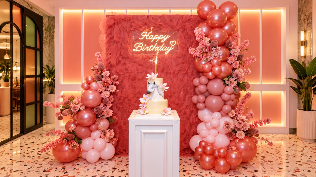 BBPremium balloon backdrop with a ruffled mauve panel, Happy Birthday neon and rose-gold balloon garlands.