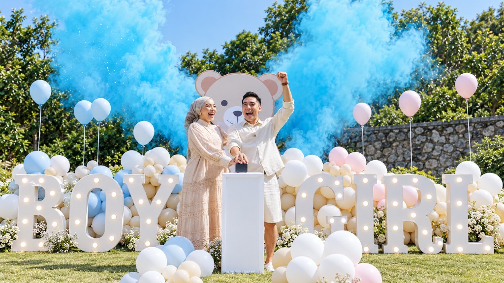 Smoke Bomb Reveal Package A with BOY and GIRL marquee letters, balloon clusters and blue smoke.