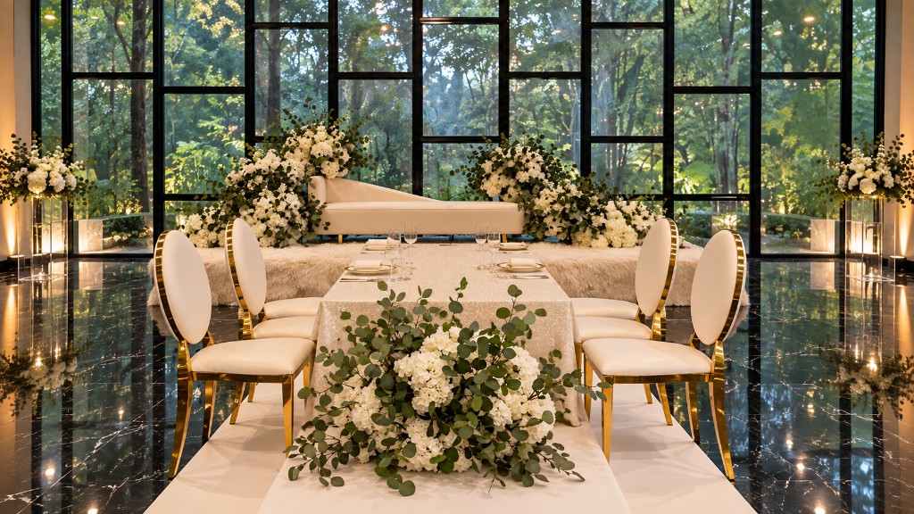 Akad nikah bridal styling with a white chaise, floral pedestals and forest-view venue.