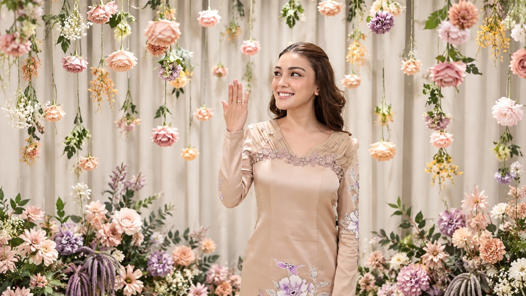 Romantic hanging floral installation in cream, dusty pink and lavender for a nikah celebration.